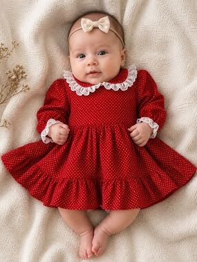 Vintage Heirloom Red Polka Dot Baby Dress Lace Collar Cottagecore